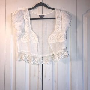 Boho White Crop Lace Crochet Detail Top-Poetry Clothing, Size Small